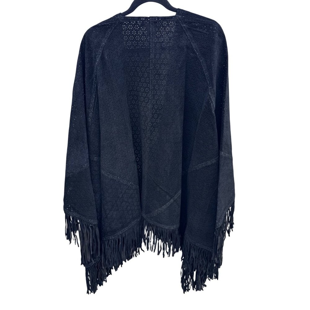 Suzanne Somers Vintage Boho Western Laser Cut Leather Fringed Poncho Wrap OS - Picture 4 of 10